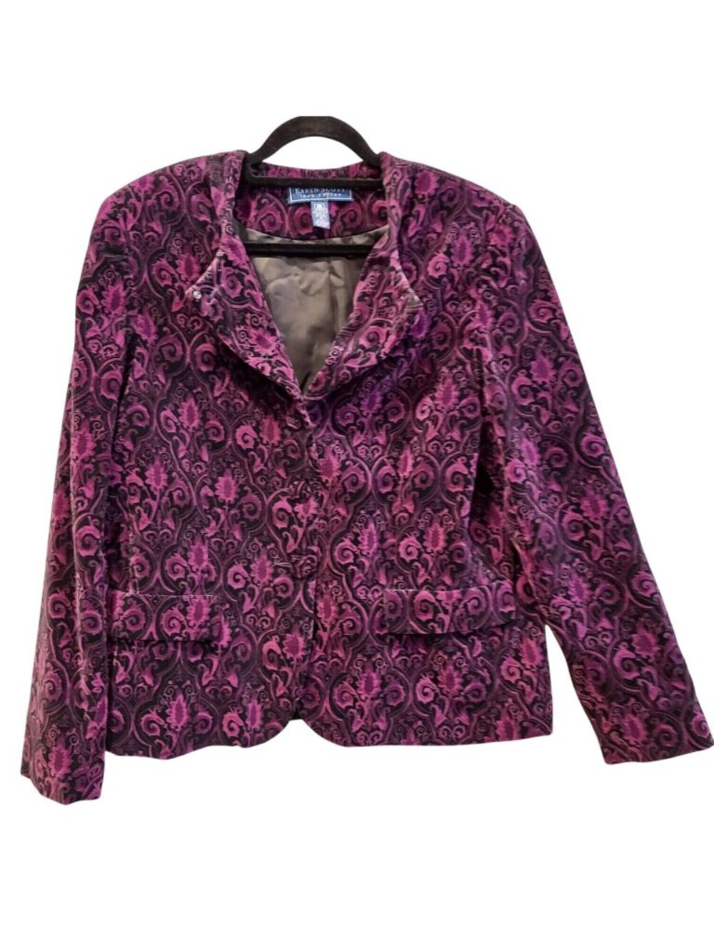 VTG Karen Scott Velvet Cotton Blazer Black Purple filigree Women 14 Career Retro